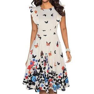 iHot Butterfly Print Midi Dress Cream Red Blue Vintage Style Fit Flare Sz M EUC